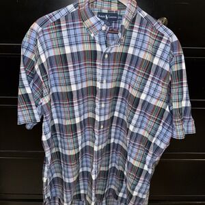POLO RALPH LAUREN MENS BLAKE MADRAS BUTTON FRONT S/S 100% COTTON SHIRT XL